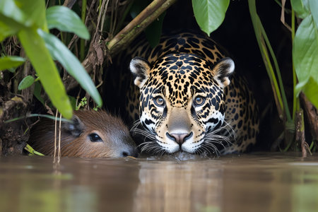 Jaguar and capybara submerged in river water between green leaves in Pantanal, Brazilの素材