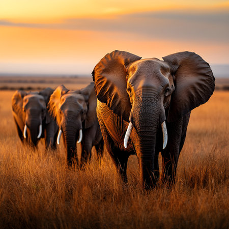 Herd of elephants walking in the high grass of the African savannah at sunsetの素材