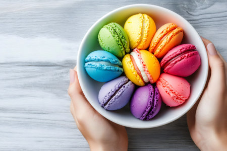 Hands holding white bowl of rainbow colored macarons on gray wooden table, top viewの素材