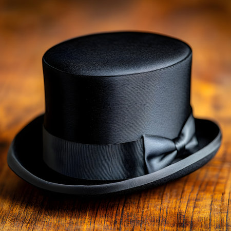 Classic black top hat with a black ribbon and bow sits on a wooden surface, evoking timeless elegance and sophisticationの素材