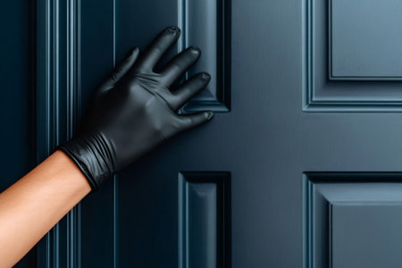Hand with black glove knocking on a blue wooden doorの素材