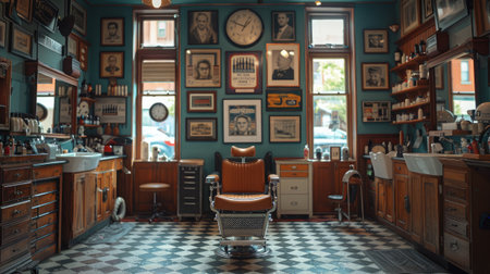 Barber shop room with man cutting customerの素材