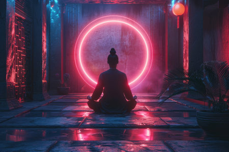 A meditating figure who has a circle with Ezo symbols behind himの素材