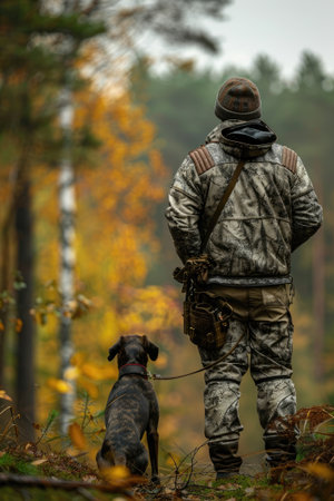 Hunter and his dog in the forest, looking for prey, hunting and wild animals. hunting season,の素材