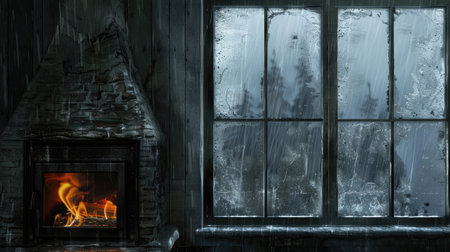 Window with a cozy room and a fireplace through the window you can see the storm outsideの素材