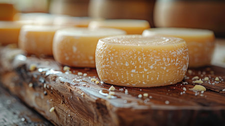 Close-up of round cheese wheels in a traditional aging process.の素材