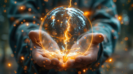 Business man holding blue electricity light bolt in his handsの素材