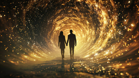 The universe within. Silhouette of a man and women inside the universe. The concept on scientific and philosophical topics.の素材