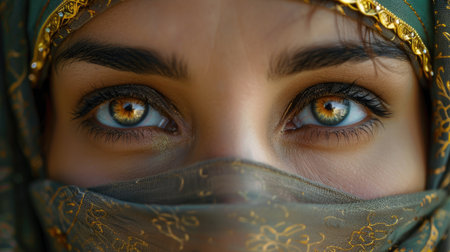Striking detail of the eyes of a veiled Arab woman with a decorative colored headscarf and gold ornaments.の素材