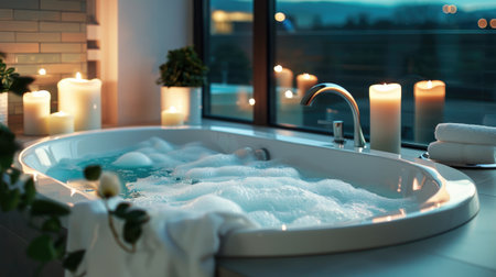 Luxury bathtub filled with water with foam and candlesの素材