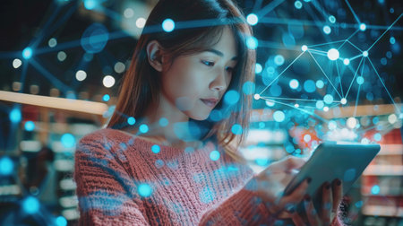 Digital online marketing commerce sale concept. Man using tablet payments online shopping and icon customer network connection on hologram virtual screen, m-banking and omni channelの素材