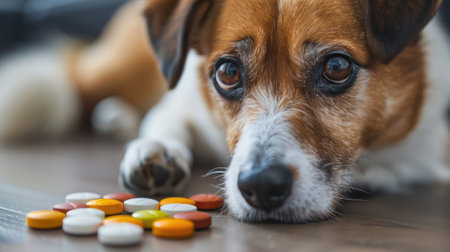 Dog's head in detail is climbing on tablets. Veterinary ovens and animal health.の素材