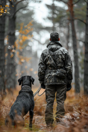 Hunter and his dog in the forest, looking for prey, hunting and wild animals. hunting season,の素材