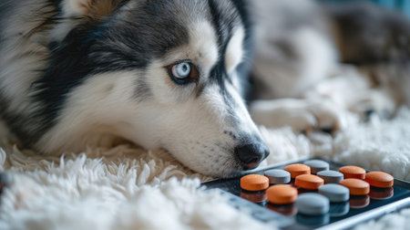 Dog's head in detail is climbing on tablets. Veterinary ovens and animal health.の素材