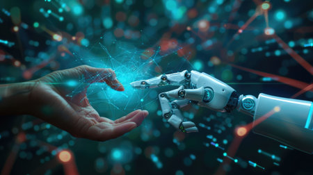 AI, Machine learning, Hands of robot and human touching on big data network connection background, Science and artificial intelligence technology, innovation and futuristicの素材