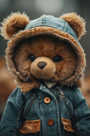 Teddy bear in cozy hooded jacket standing outdoors with cloudy skyの素材