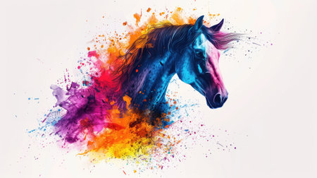 A beautiful horse head rendered in an explosion of vibrant colors and dynamic brushstrokes, evoking energy and motion.の素材