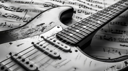 Vintage black electric guitar on musical notes, contrasting an artistic vibe.の素材