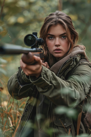 Girl hunter with an aimed rifle in the forest hunting for a hunted animalの素材