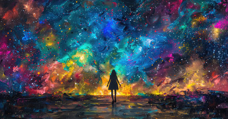 Women walking through the universe UV paintingの素材