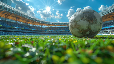 Football sport composition ball, stadium, players and euphoria of people in the stadiumの素材