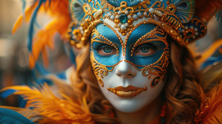 Colorful masquerade mask with rich detail and feathers, sparkling accentsの素材