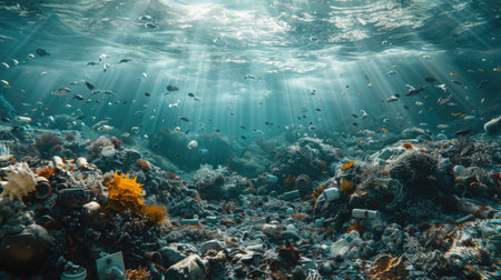 The sea is littered with garbage, a composition of a healthy environment.の素材