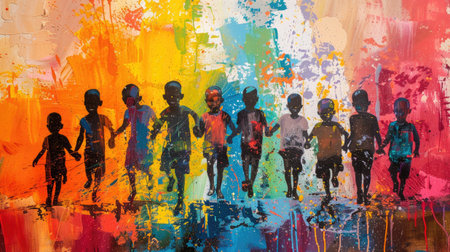 Vibrant children holding hands in front of an abstract colorful backgroundの素材