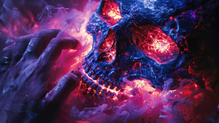 Fiery glowing skull held by hand with vivid and vibrant smoke swirling aroundの素材