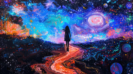 Women walking through the universe UV paintingの素材