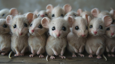 A group of light beige mice looking at the camera in close-upの素材