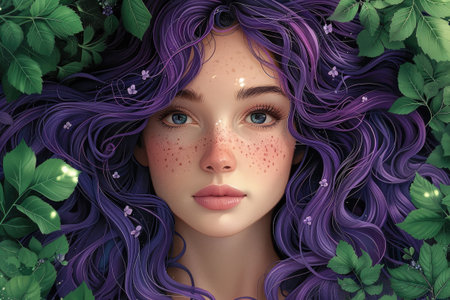 A chibi women purple hair surrounded by tree hairの素材