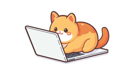 A cartoon orange cat is using a laptopの素材