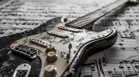 Vintage black electric guitar on musical notes, contrasting an artistic vibe.の素材