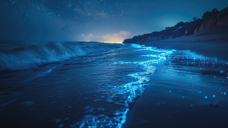 Bioluminescent plankton illuminate the night sea, casting an ethereal, magical light on the waves.の素材
