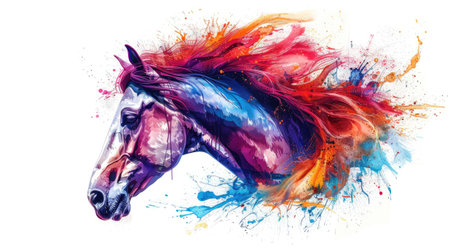 A vibrant, colorful horse head emerging in a dynamic splash of paint brushstrokes.の素材