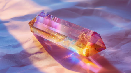 Macro of crystal prism rainbow reflection of a crystal, sunny, on a white backdrop, shadow ang light, purple and pink soft light.の素材