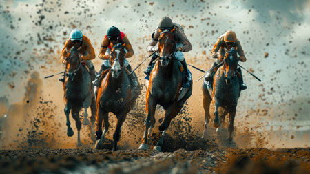 Race horses running down the finish lineの素材