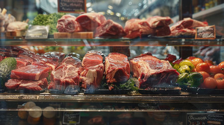 Raw meat displayed for sale, consumer concept.の素材