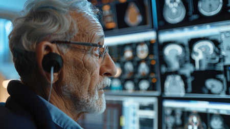 Doctor analyzing multiple brain scans on monitors in a medical control room.の素材