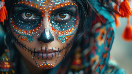 Creative image of Sugar Skull. Makeup for Halloween or Dia De Mertos holiday.の素材