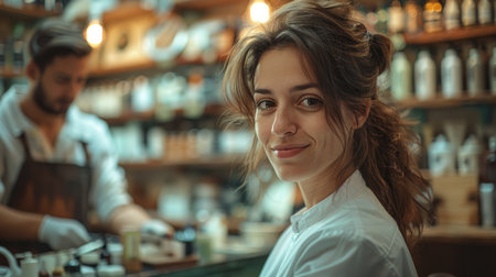 Hairdressers and a female hairdresser cutting a customer's hairの素材