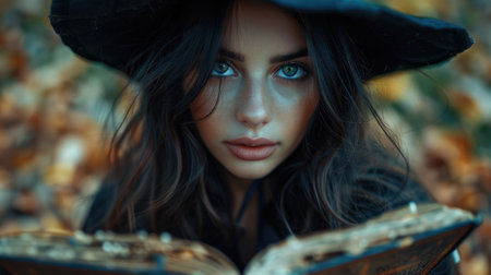 Woman in black hat reading a mysterious book with smoke swirling aroundの素材