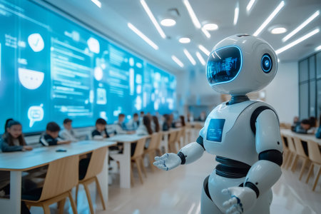 Robot standing in a classroom with students and a large interactive digital screenの素材