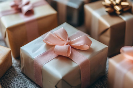 Numerous wrapped gift boxes showcasing elegant packaging and decorative ribbons, ready for holiday giftingの素材