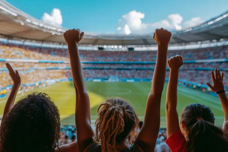 Group of female fans cheering and raising arms at a sporting eventの素材