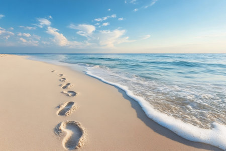 Footprints tracing a path on a white sandy beach with gentle ocean waves and blue skyの素材