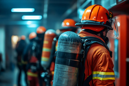Firefighters wearing safety gear, oxygen tanks, and helmets, standing in a lineの素材