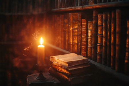 Antique books on a library shelf illuminated by a burning candle, symbolizing knowledge and historyの素材