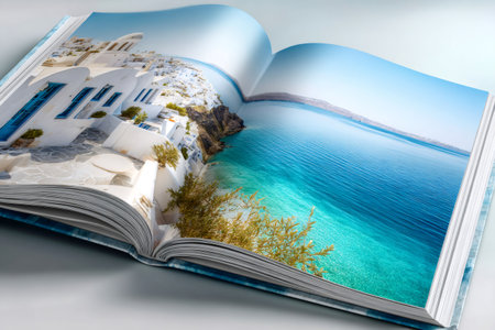Open book displaying a Greek island village and a clear blue sea viewの素材